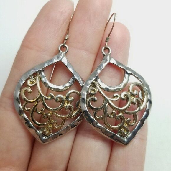 Vintage Spiral Design Dangle Earrings, Silver Tone, Boho Style, Estate - Picture 2 of 6